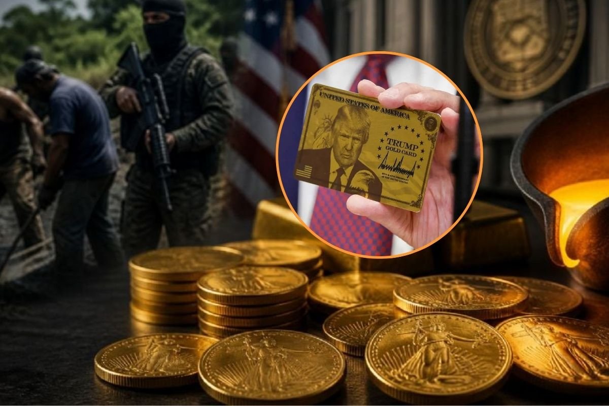 Gold coins from the US Mint with a background of mining operations