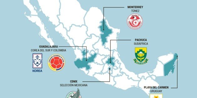 Map showing World Cup 2026 team base camps and transit cities in Mexico