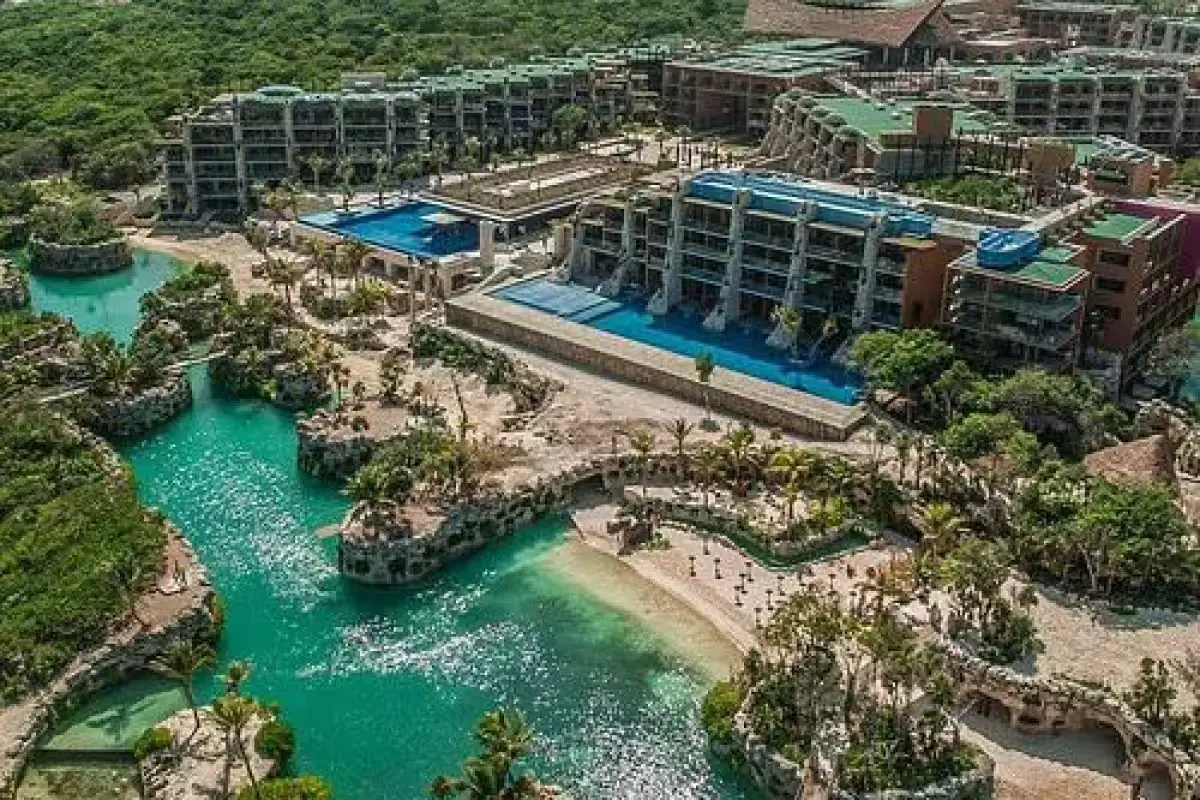 Aerial view of the pool area at Xcaret resort in Riviera Maya