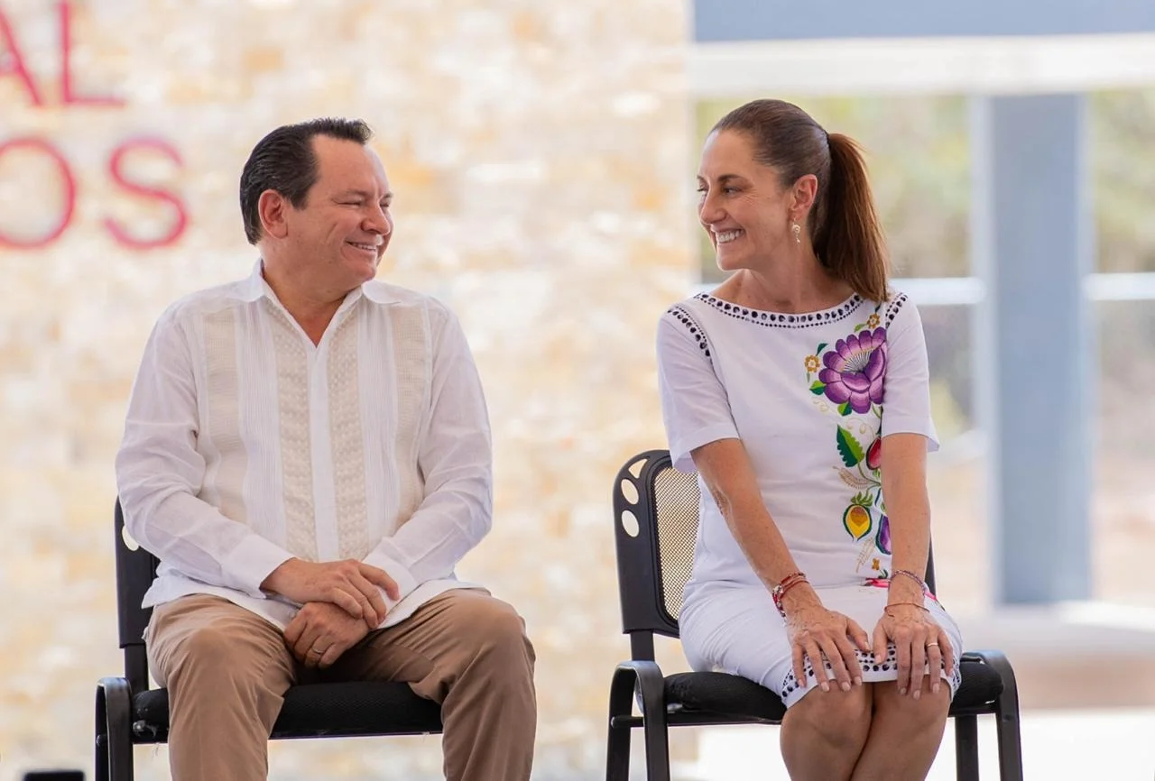 Yucatan Governor Joaquin Diaz Mena speaking at an event with President Claudia Sheinbaum