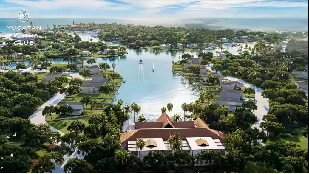 Rendering of Yucatan Marina Club showing marina, residential lots, and public spaces in Progreso