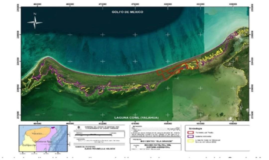 Aerial view of Holbox Island showing dense mangroves and turquoise Caribbean water