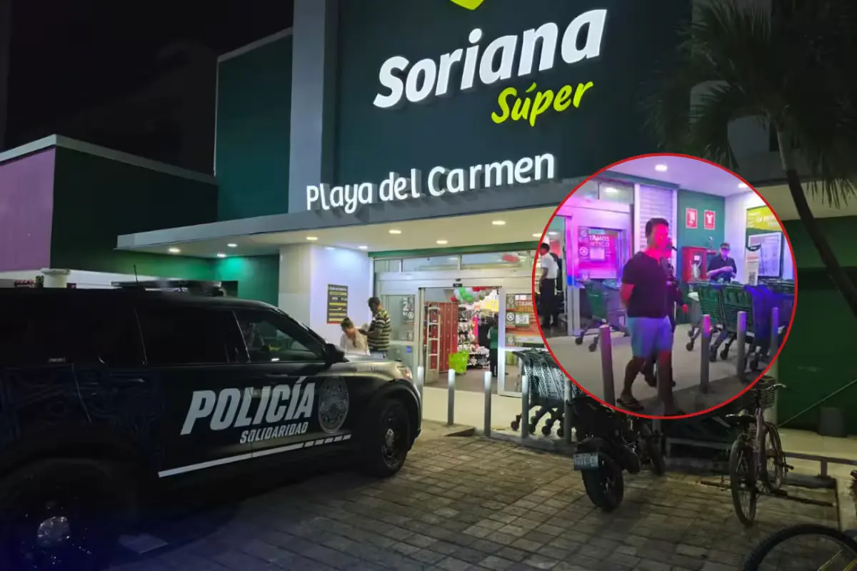 An Argentine man being escorted by police after attempting to steal from a Sorianita supermarket in Playa del Carmen.
