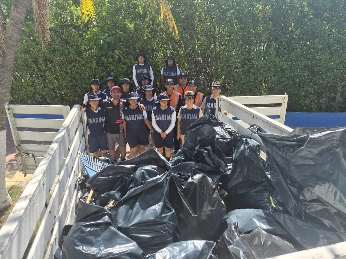Personnel from the Mexican Navy and local government collecting trash along the shore of Salina Grande Lagoon in Isla Mujeres