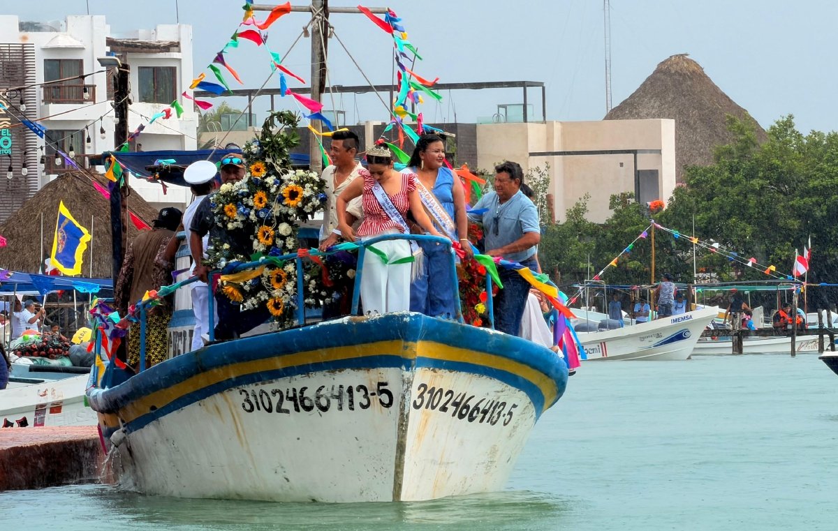 Fishing boats decorated for Navy Day procession in Rio Lagartos, Yucatan