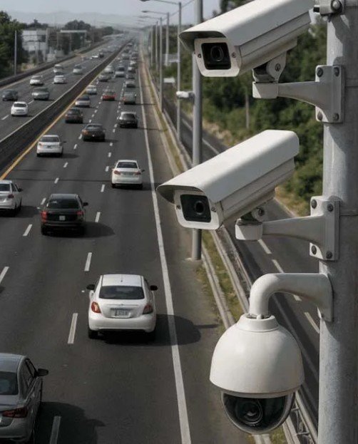 Concept image of a highway surveillance control room with multiple screens showing traffic cameras
