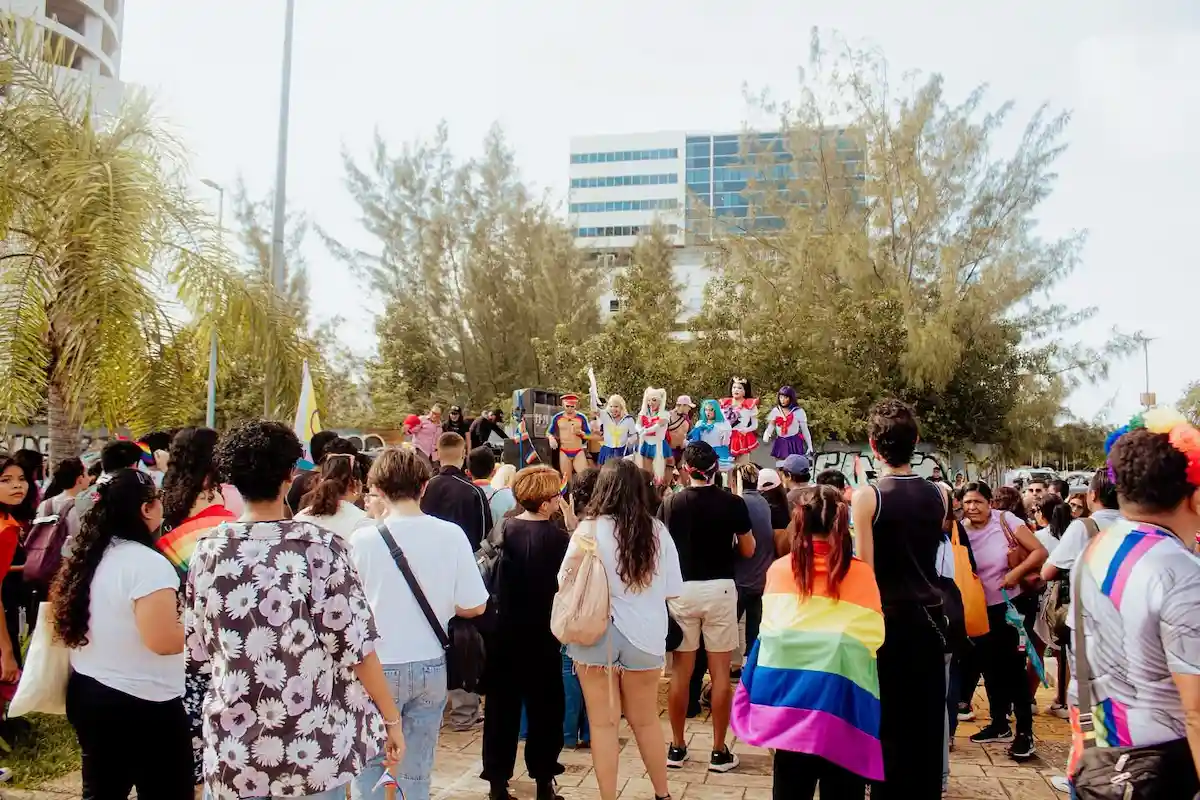 Activists at a press conference announcing Pride Month activities in Cancun