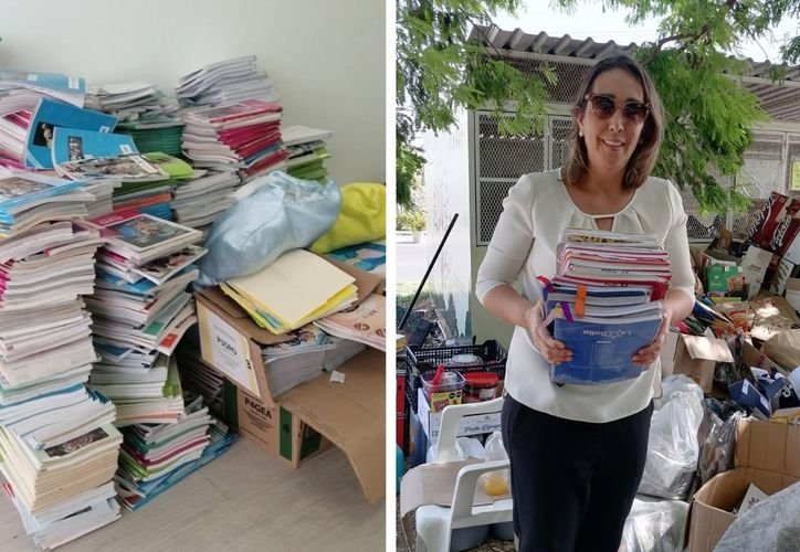 People dropping off used school supplies at a collection center in Cancun