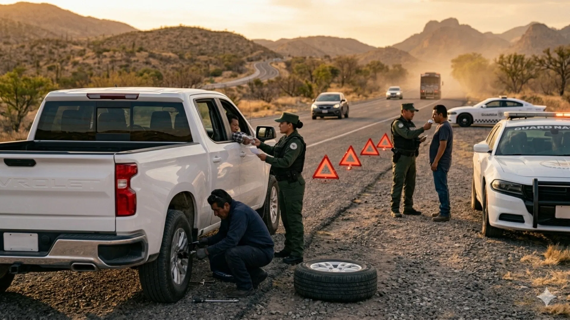 A car driving on a Mexican federal highway with a Guardia Nacional patrol vehicle in the background