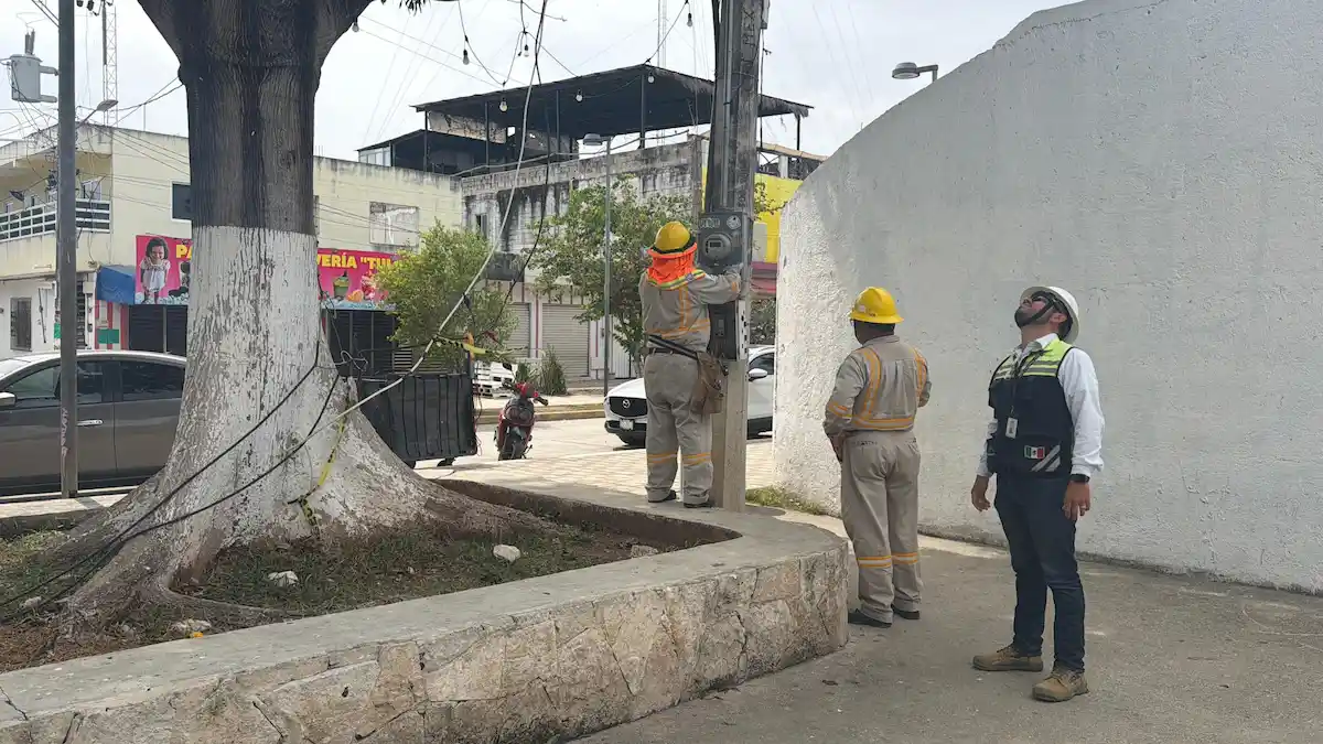 CFE workers removing illegal electrical connections from street vendor stalls in front of Tulum city hall