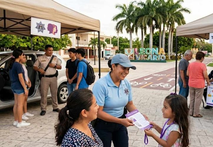 Police officers and residents interact at a community policing event in Puerto Morelos