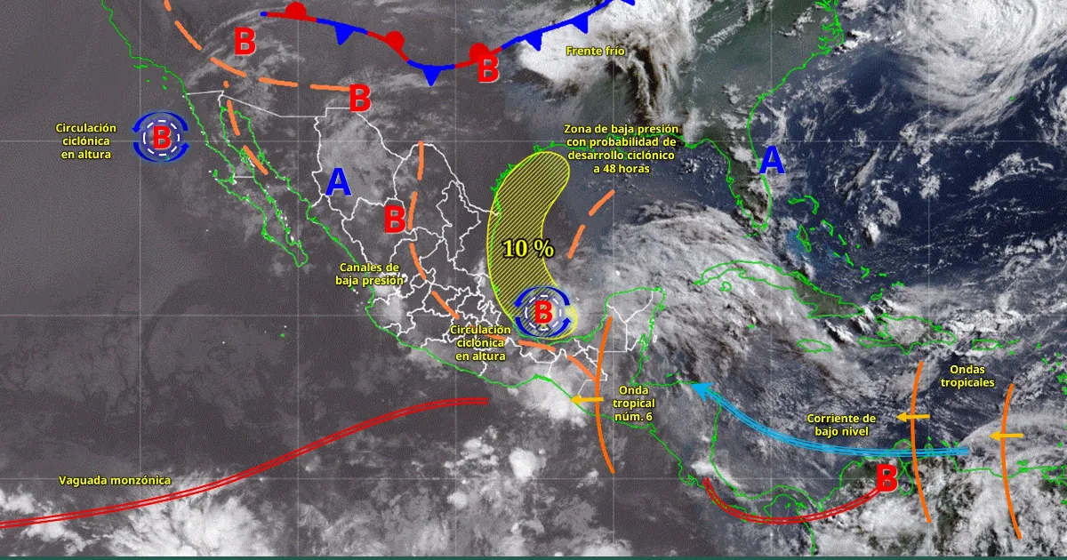 Weather forecast map from Conagua showing Tropical Wave No. 6 and areas of intense rainfall across Mexico