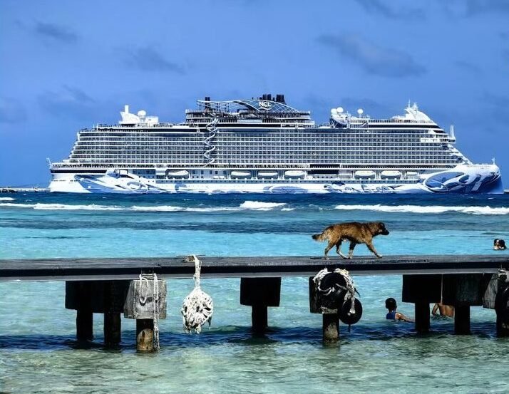 A large cruise ship docked at the Costa Maya port in Mahahual, Quintana Roo, Mexico.