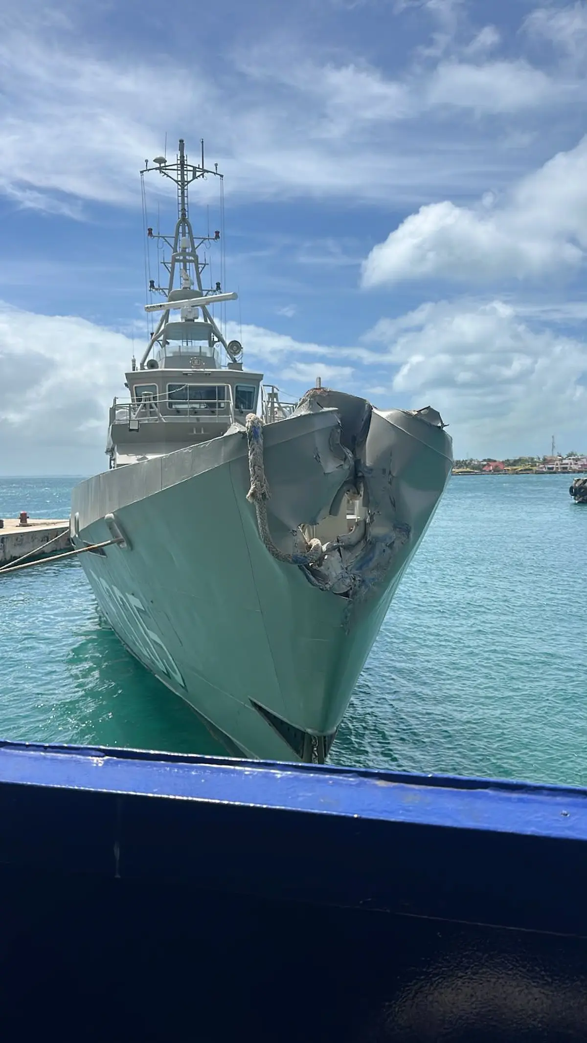 The damaged bow of the Mexican Navy patrol boat ARM Uxmal after colliding with a Ultramar vessel in Isla Mujeres
