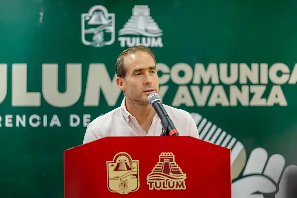 Diego Castañón Trejo, mayor of Tulum, speaking at a press conference