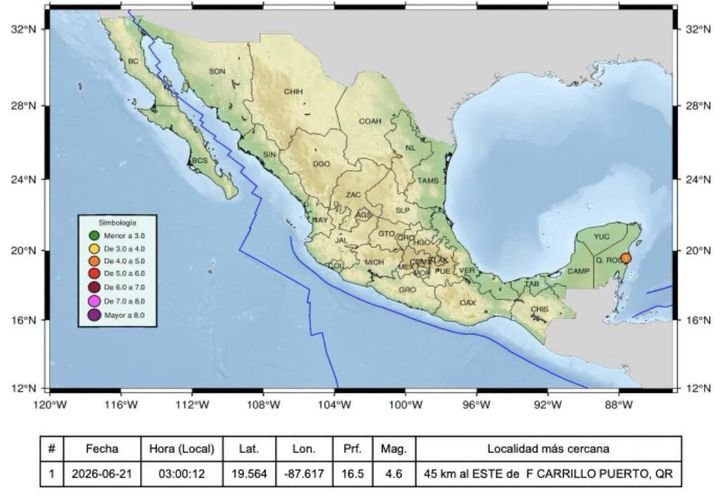 Map showing epicenter of magnitude 4.6 earthquake near Felipe Carrillo Puerto, Quintana Roo
