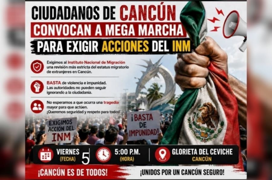 A lone person stands at a protest site in Cancun, with no other participants visible.