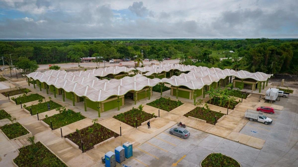 A modern, empty building surrounded by jungle in Nicolas Bravo, Quintana Roo, Mexico