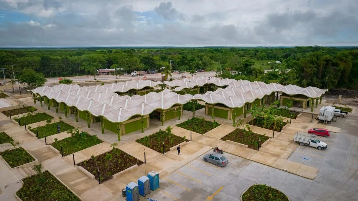 A modern, empty building surrounded by jungle in Nicolas Bravo, Quintana Roo, Mexico