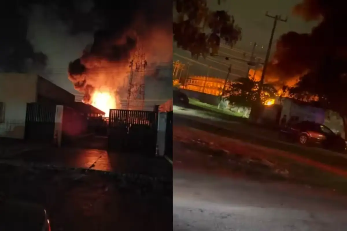 Firefighters and emergency personnel at the scene of a fire at a CFE substation in Cancun's Supermanzana 96