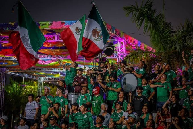 A large screen set up on Playa Langosta beach in Cancun for broadcasting World Cup matches