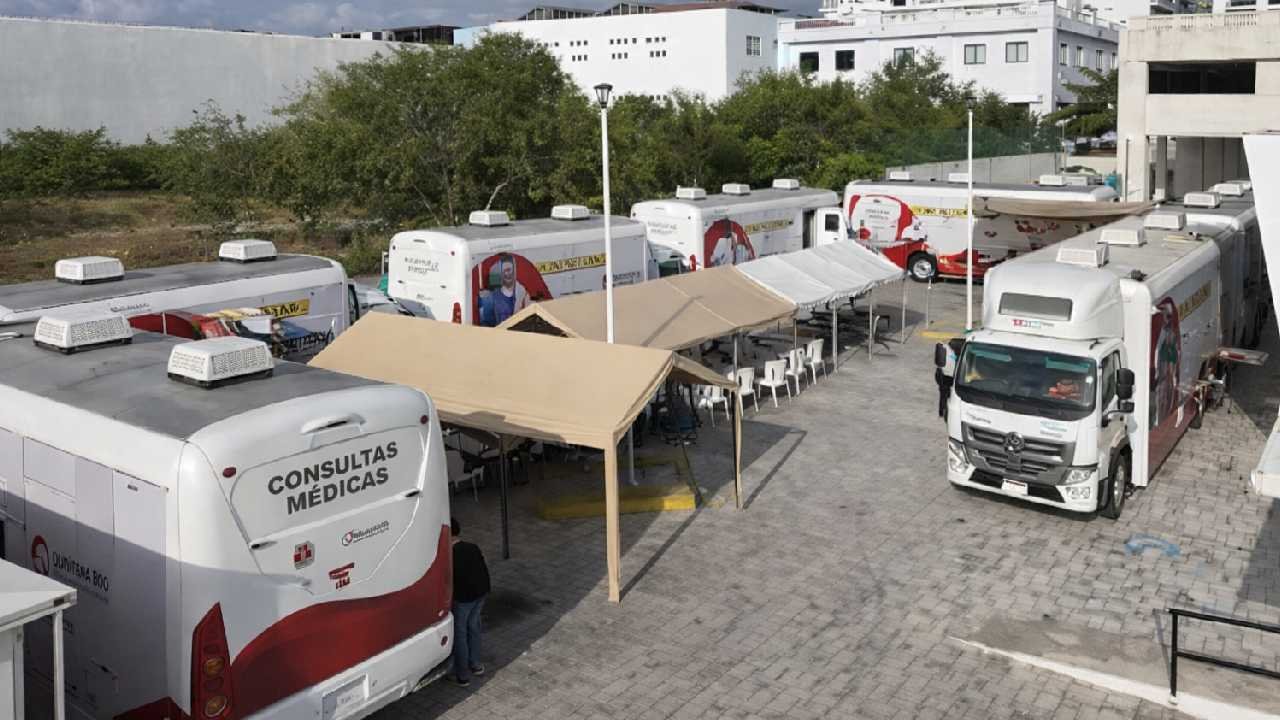 A health caravan mobile unit parked in a rural community in Quintana Roo, Mexico