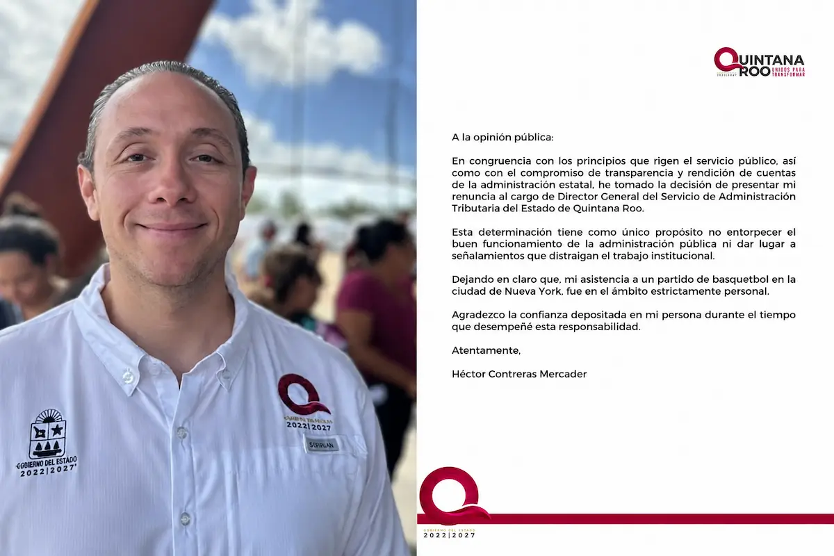 Héctor Contreras Mercader, former director of the Tax Administration Service of Quintana Roo, resigned after a scandal over a trip to the NBA Finals in New York.