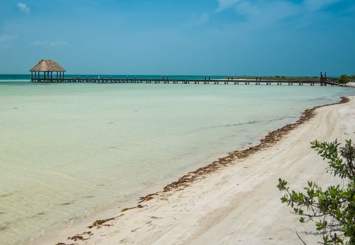 Aerial view of Holbox beach with clear turquoise water and no sargasso seaweed