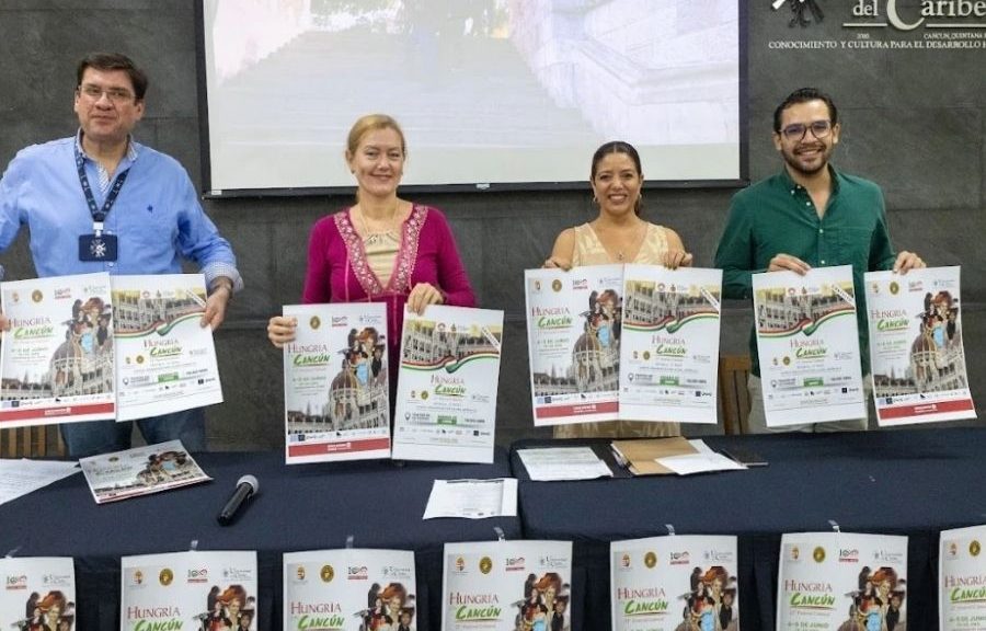 Emőke Ujj, director and founder of the Hungary Cultural Festival, speaking at a press conference in Cancun