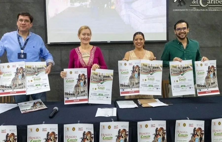 Emőke Ujj, director and founder of the Hungary Cultural Festival, speaking at a press conference in Cancun