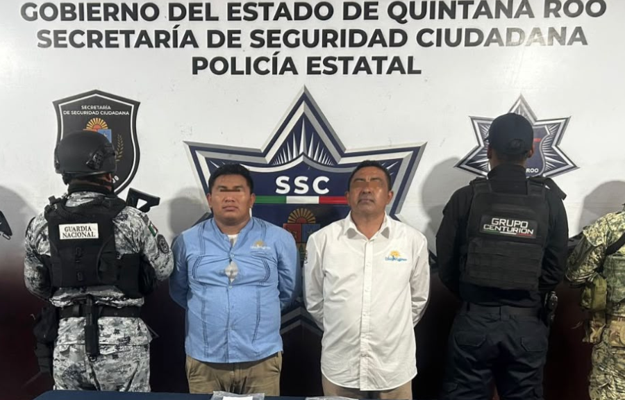 Police officers inspecting seized evidence during a drug bust in Isla Mujeres