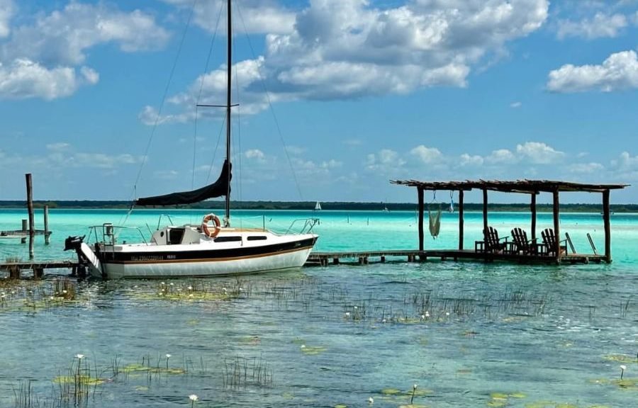 Aerial view of Bacalar's Seven Colors Lagoon with turquoise waters