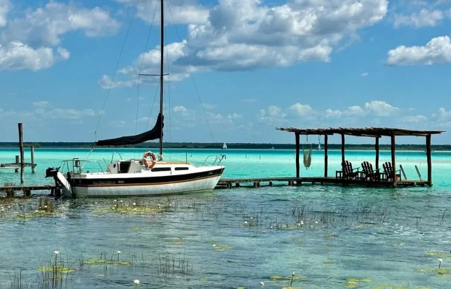 Aerial view of Bacalar's Seven Colors Lagoon with turquoise waters