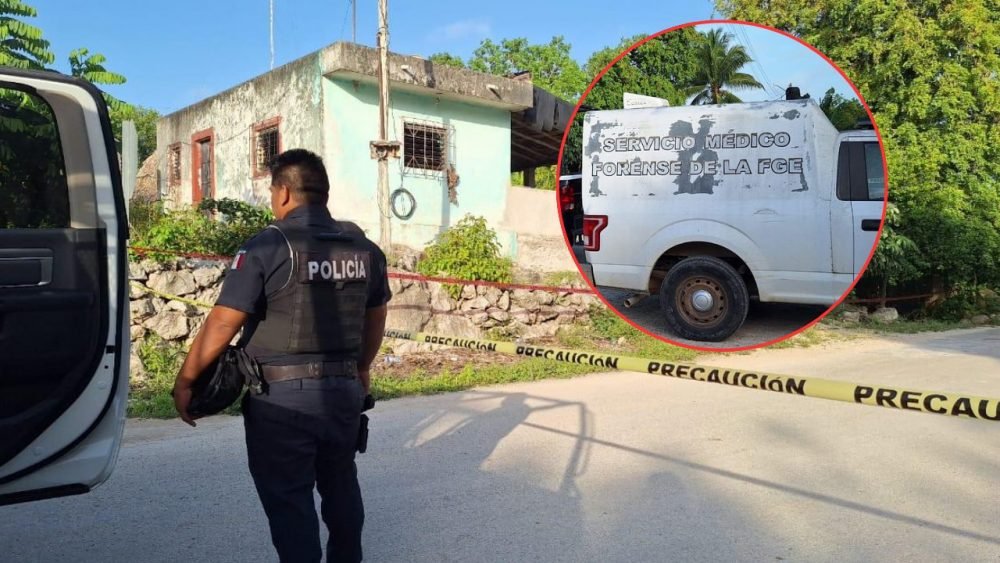 Police and forensic personnel at the scene of a machete attack in Chunhuas, Felipe Carrillo Puerto