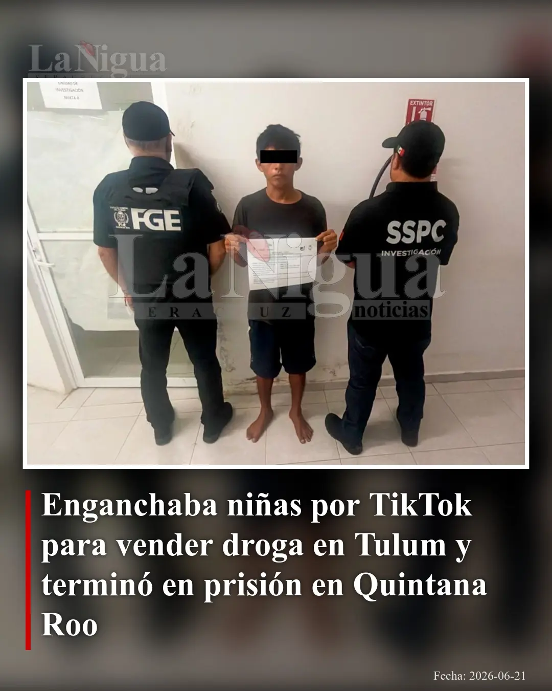Handcuffed man being led by police officers in Tulum, Quintana Roo