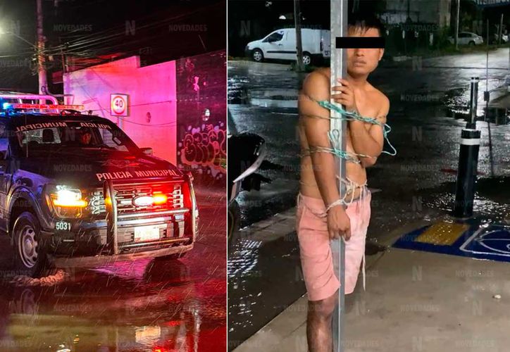 A man tied to a stop sign pole in Cancun after being accused of assaulting his partner