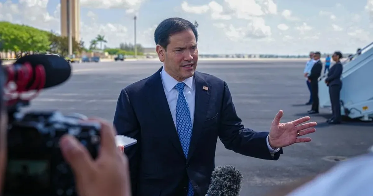 US Secretary of State Marco Rubio speaking at a press conference