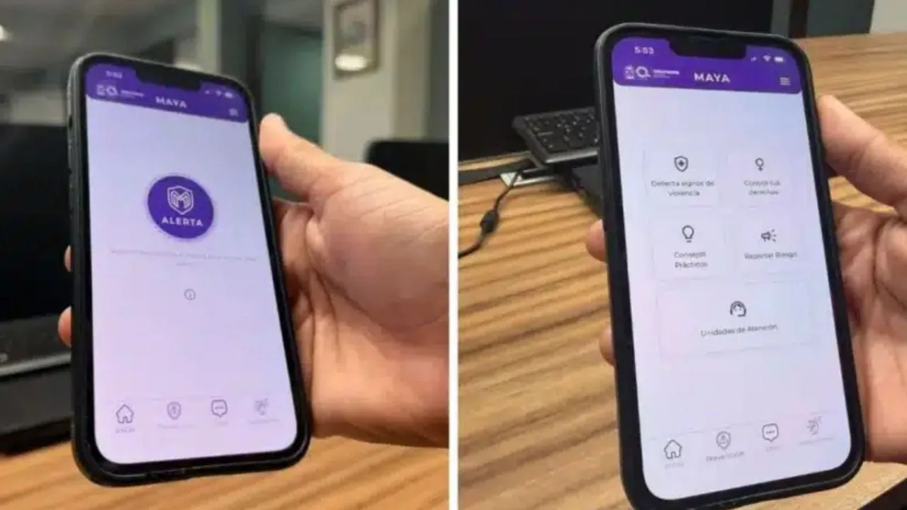 Smartphone displaying the MAYA app interface with a panic button and emergency options
