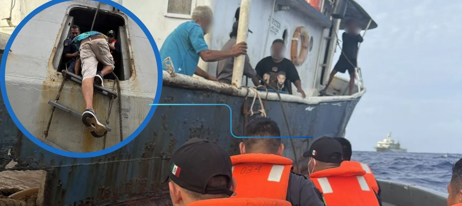 Mexican Navy personnel providing medical aid to rescued fishermen on a patrol boat near Cozumel
