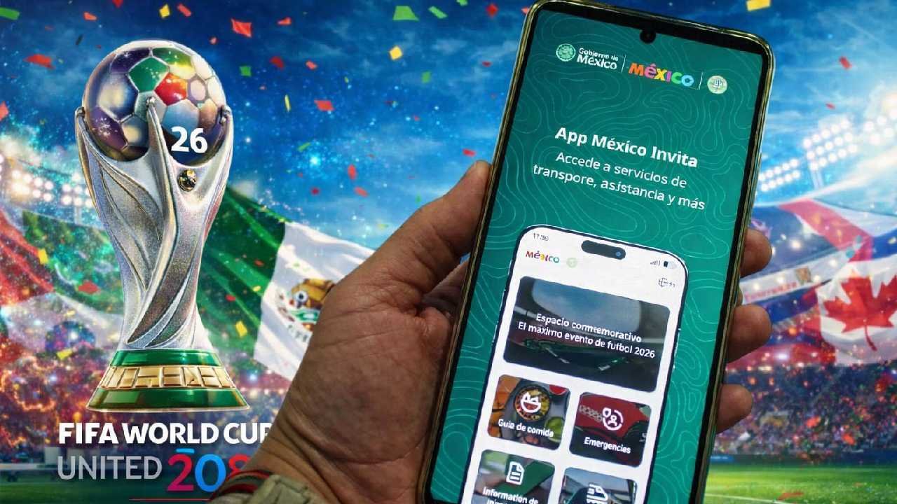 Smartphone displaying the Mexico Invita app interface with travel information for the 2026 FIFA World Cup