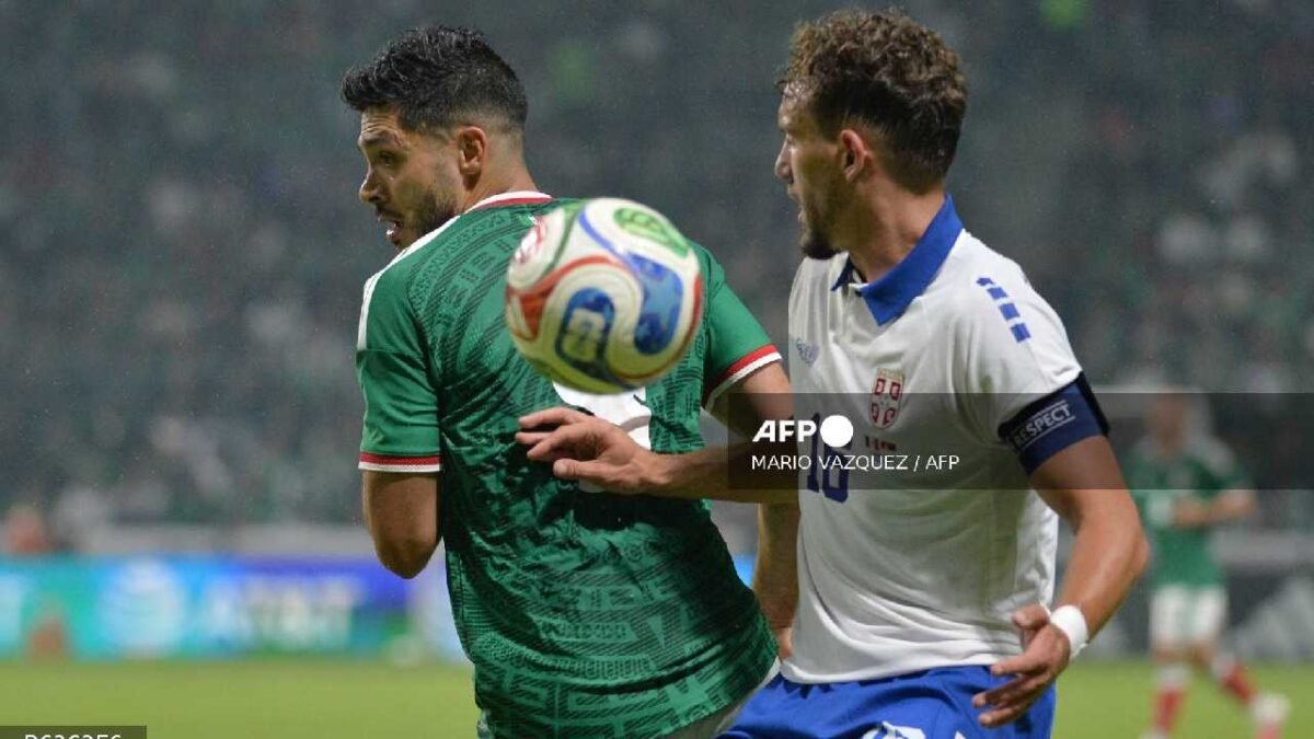 Mexican players celebrate a goal during a friendly match against Serbia at Estadio Nemesio Diez in Toluca