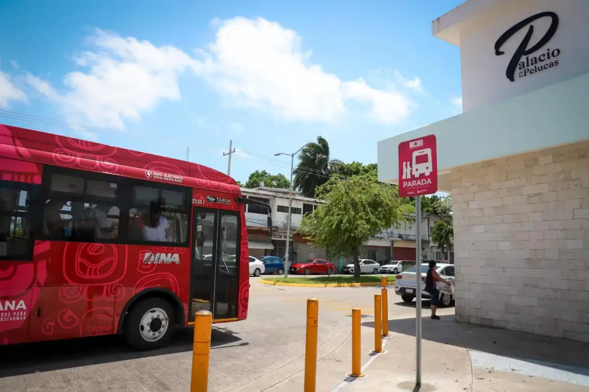 New MOBI bus stop sign and shelter along a road in Quintana Roo