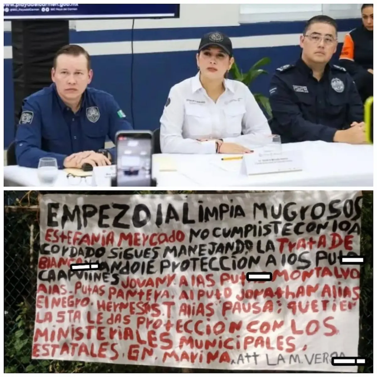 A narco banner with red lettering hung on a street in Playa del Carmen, threatening Mayor Estefanía Mercado.
