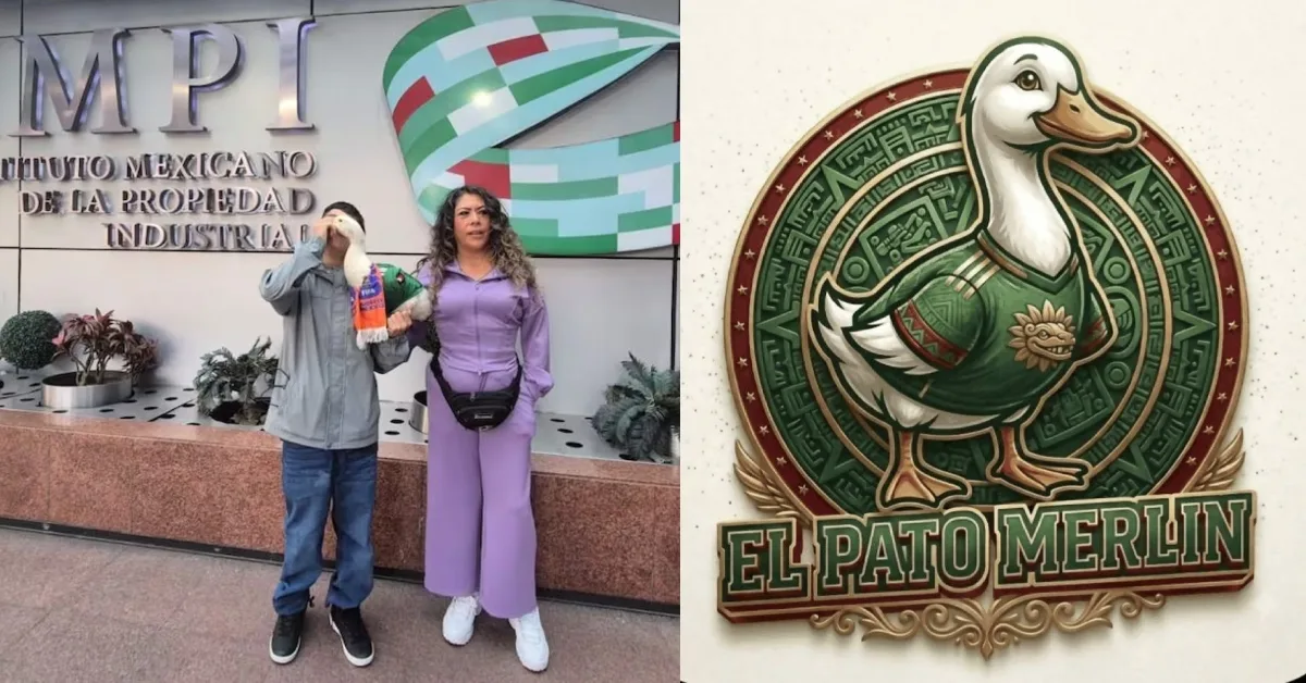 A duck character known as Pato Merlín, wearing a green jersey with a Quetzalcóatl design, against a background of the Aztec calendar.