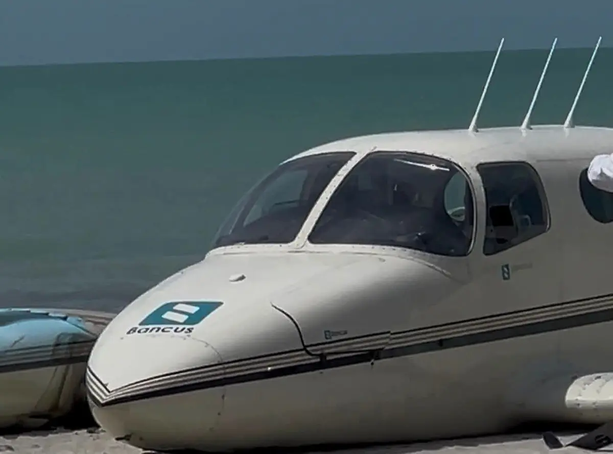 Wreckage of a small plane on a beach in Ciudad del Carmen, Campeche