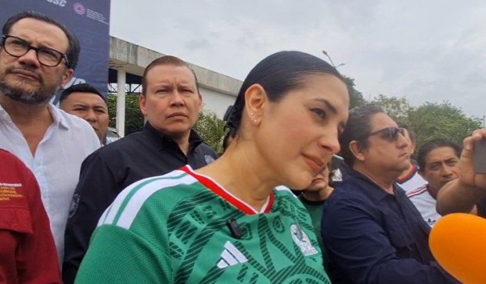 Playa del Carmen Mayor Estefania Mercado speaking at a press conference about World Cup broadcast plans