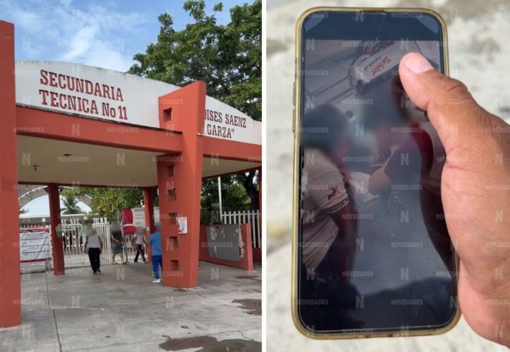 Police officers standing outside a school building in Cancun after a firecracker explosion triggered a security response.
