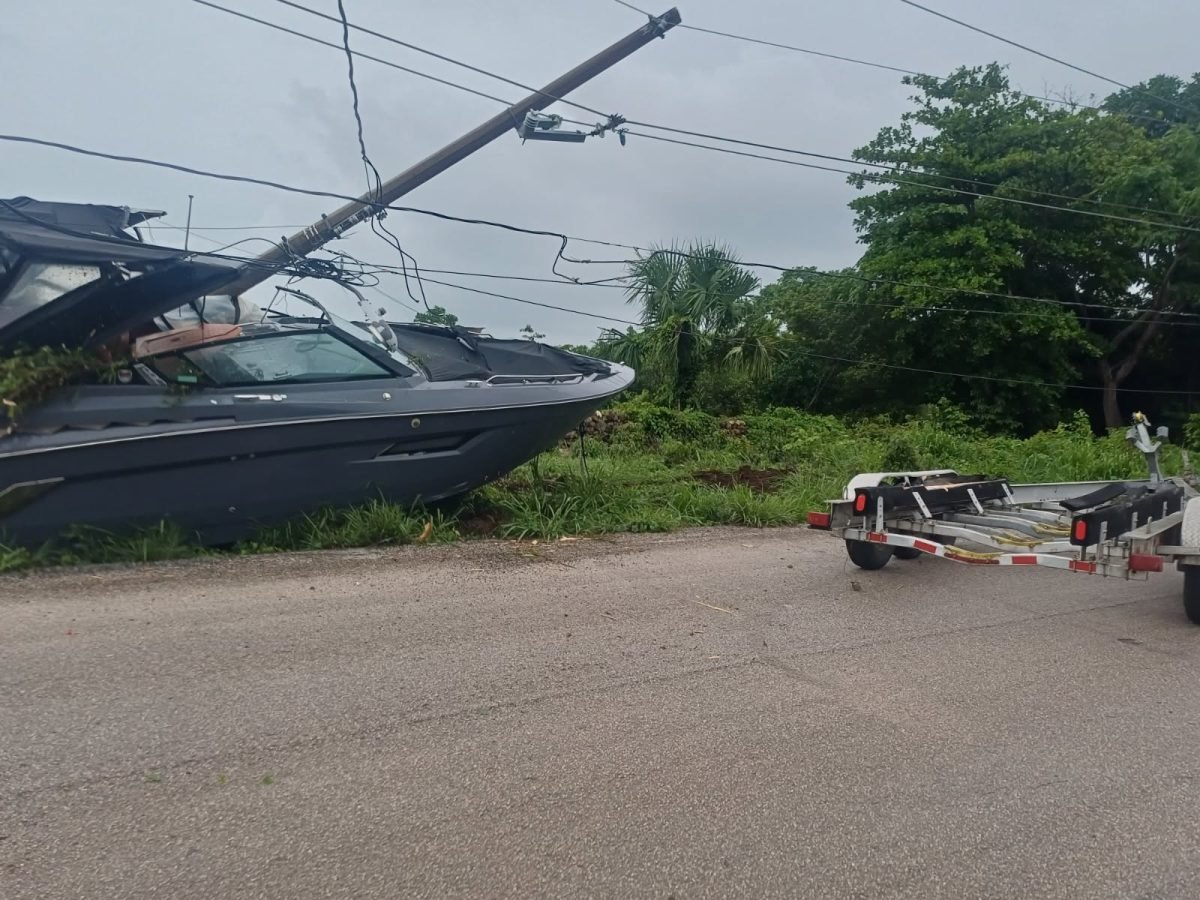 A damaged power pole and electrical infrastructure near El Cedral in Lazaro Cardenas, Quintana Roo