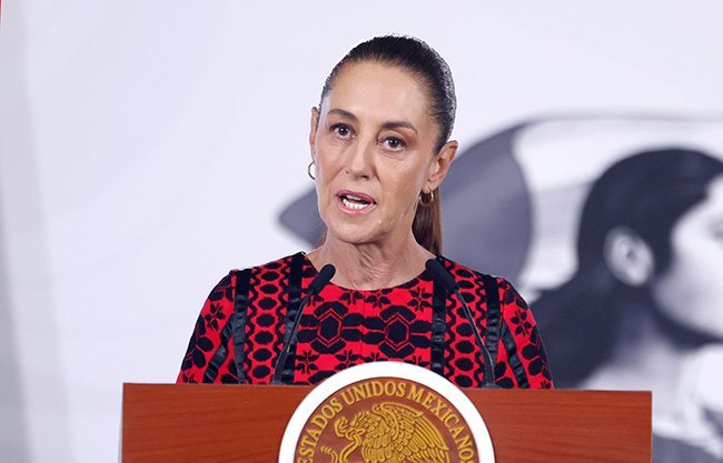 Mexican President Claudia Sheinbaum speaking at a press conference in Mexico City