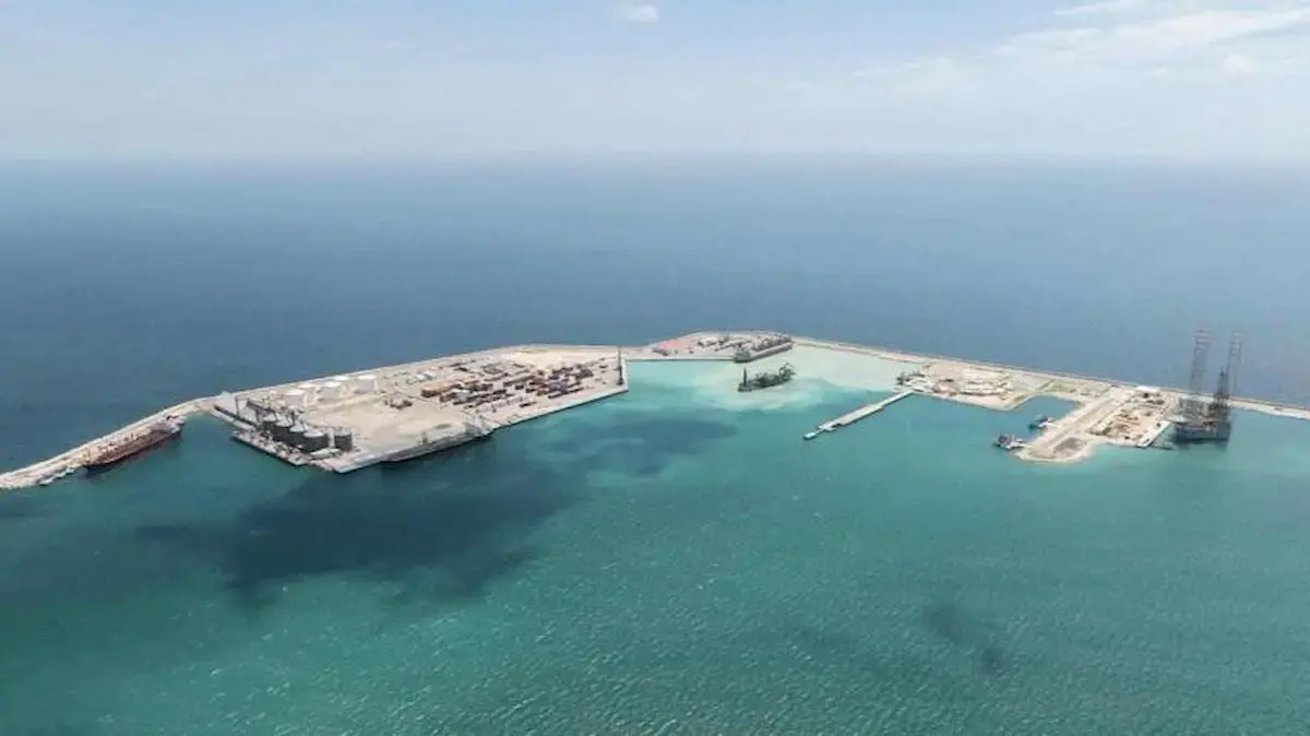 Aerial view of dredging equipment at Progreso port in Yucatan Mexico